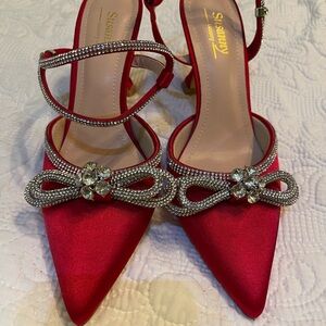 Red Satin Heels with Rhinestone Bow